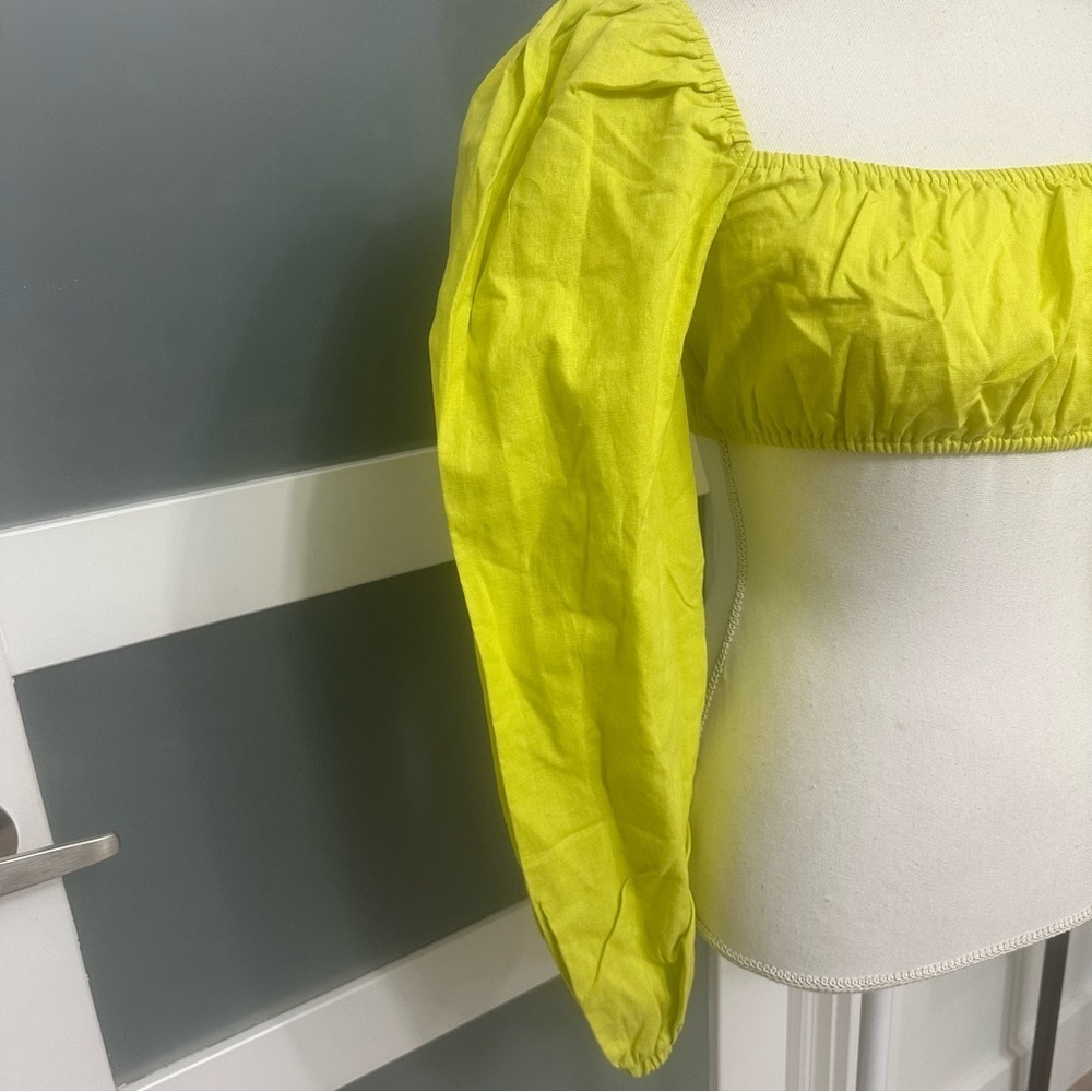 Charlie Holiday Lime Green Puff Sleeve Crop Top XS Linen Blend Resort Wear NWT - Picture 3 of 7